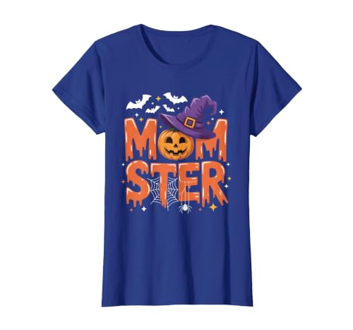 Mom-ster Halloween Funny Witch Hat Pumpkin Mom Momster Mom Mommy Matching Family Halloween Costume Women T-Shirt - size chart