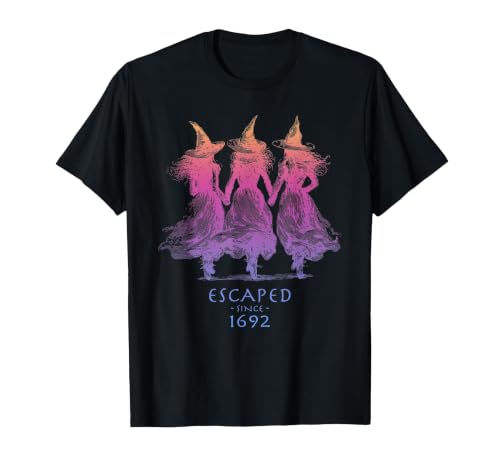 Escaped Since 1692 Halloween Escaped Since 1692 Funny Witch Halloween Design T-Shirt - size chart