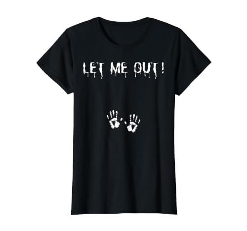 Spooky Halloween Costume Outfit Vintage Let Me Out Pregnancy Hand Print Pregnant Halloween T-Shirt - size chart