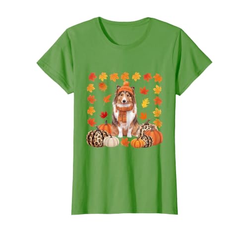 Shetland Sheepdog Sheltie Shop Sheltie Shetland Sheepdog Pumpkins Fall Leaves Halloween T-Shirt - size chart