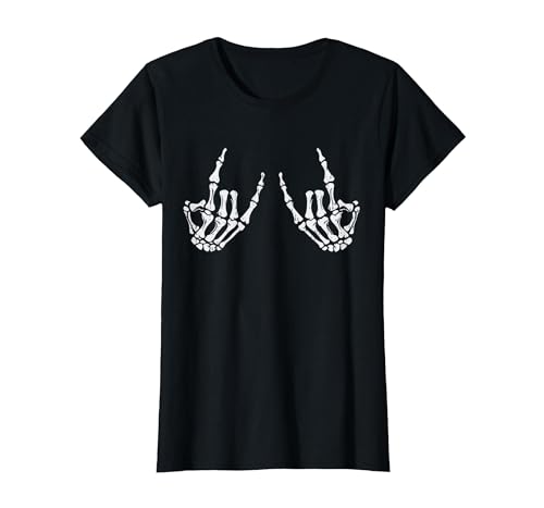 Halloween Tees for Women Men Kids Rocker Hand Sign Rock Skeleton Halloween Costume Men Women T-Shirt - size chart