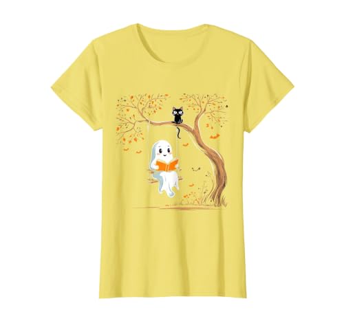 Halloween Ghost Swing Reading Vintage Ghost Swing Reading Book Swinging Halloween Costume T-Shirt - size chart