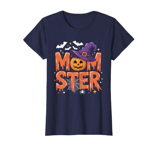 Mom-ster Halloween Funny Witch Hat Pumpkin Mom Momster Mom Mommy Matching Family Halloween Costume Women T-Shirt - size chart