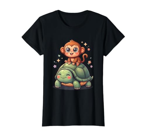 Mademark Small Monkey Riding Giant Tortoise Funny Animal Art T-Shirt - Women - size chart