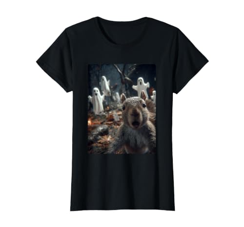Funny Halloween Animals Selfies Clothing Funny Squirrel Selfie with Ghosts Haunted Forest Halloween T-Shirt - size chart