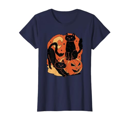 Halloween scary black cat Vintage Scary Halloween Black Cats and Pumpkin T-Shirt - size chart