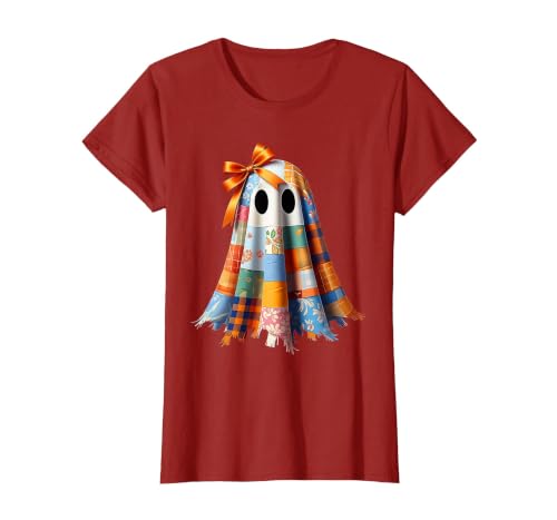 Patchwork Quilt Ghost Halloween Quilter Autumn Tee Patchwork Ghost Quilt Halloween Quilter Fall Autumn Bow Cute T-Shirt -