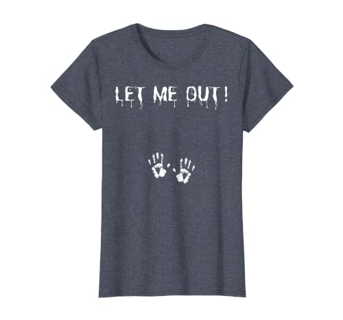 Spooky Halloween Costume Outfit Vintage Let Me Out Pregnancy Hand Print Pregnant Halloween T-Shirt - size chart