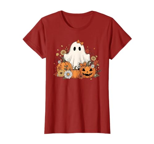 Ghost Halloween Flower Costume Floral Women Cute Ghost with Flower Halloween Pumpkin Autumn Women T-Shirt - size chart