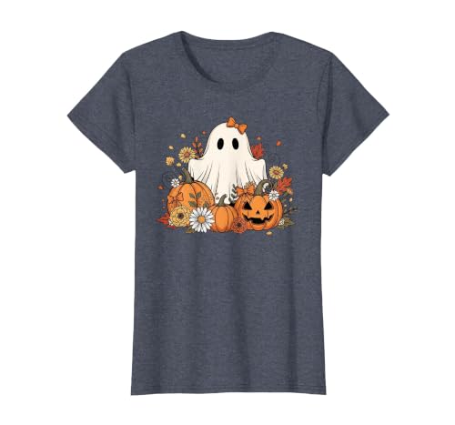 Ghost Halloween Flower Costume Floral Women Cute Ghost with Flower Halloween Pumpkin Autumn Women T-Shirt - size chart