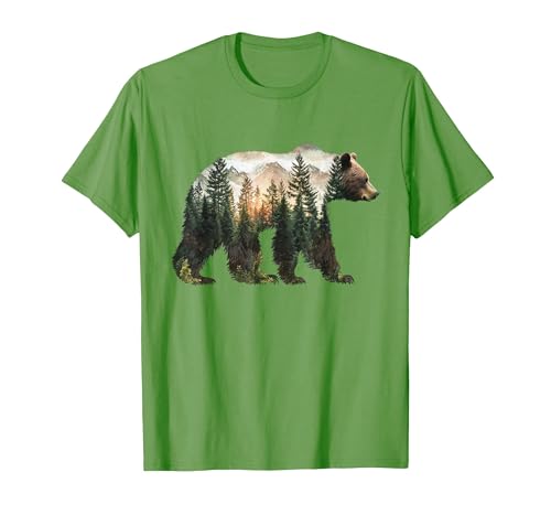 Bear Designs. Bear Forest Mountains Trees Nature Sunset Outdoor Graphic T-Shirt - size chart