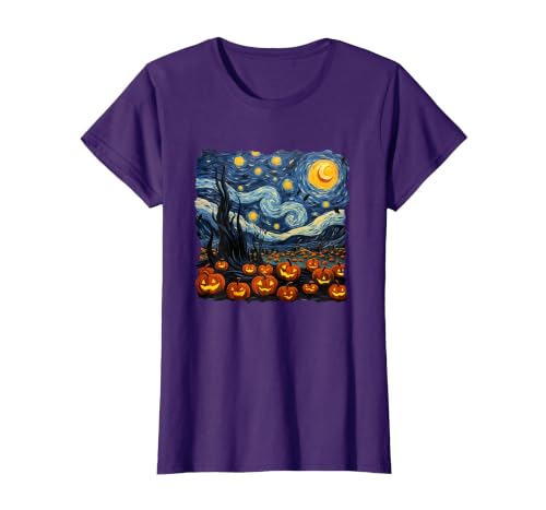 Teacher Halloween by K Halloween Pumpkin Starry Night Van Gogh Funny Art Teacher T-Shirt - size chart