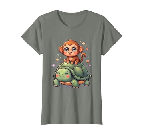 Mademark Small Monkey Riding Giant Tortoise Funny Animal Art T-Shirt - Women - size chart