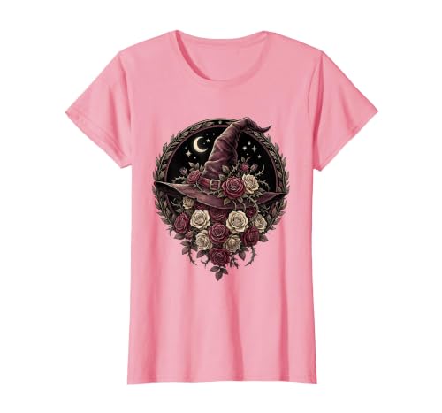 Mademark Witch Hat Black Roses Halloween Women's Design T-Shirt - size chart