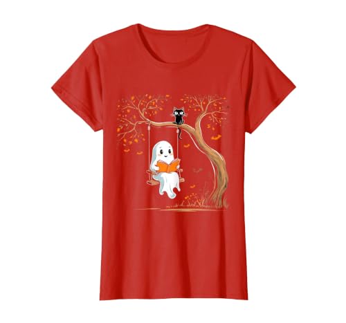 Halloween Ghost Swing Reading Vintage Ghost Swing Reading Book Swinging Halloween Costume T-Shirt - size chart