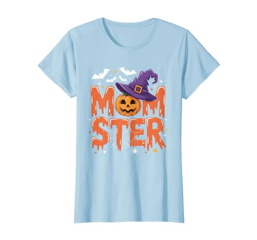 Mom-ster Halloween Funny Witch Hat Pumpkin Mom Momster Mom Mommy Matching Family Halloween Costume Women T-Shirt - size chart