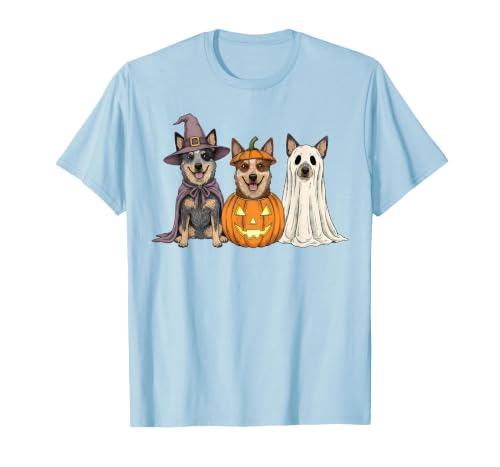 Funny Retro Australian Cattle Dog Halloween Witch Spooky Ghost Blue Heeler Pumpkin Halloween Dog Lover T-Shirt - size chart