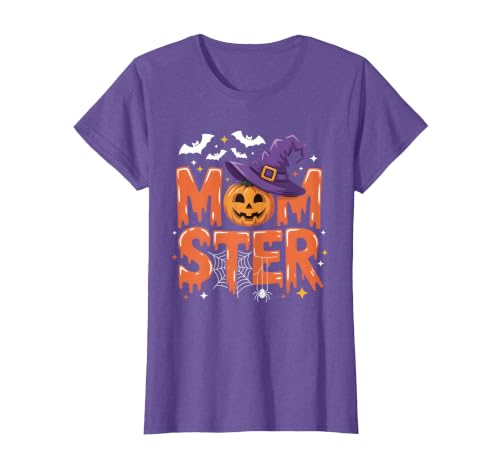 Mom-ster Halloween Funny Witch Hat Pumpkin Mom Momster Mom Mommy Matching Family Halloween Costume Women T-Shirt - size chart