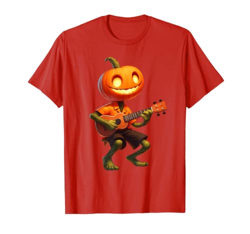 Funny Pumpkin Head Halloween Ukulele Tees Pumpkin Face Playing Ukulele Halloween Costume Men Boys Kids T-Shirt - size chart