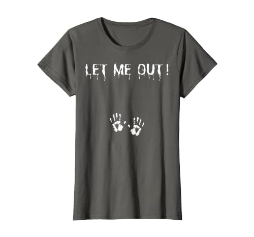Spooky Halloween Costume Outfit Vintage Let Me Out Pregnancy Hand Print Pregnant Halloween T-Shirt - size chart