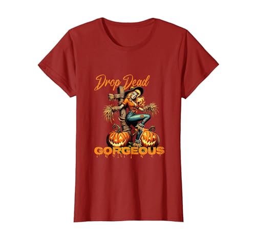 Evil Hot Wife Girlfriend Fiance Halloween Gift Tee Drop Dead Gorgeous Retro Vintage Pin-Up Scarecrow Halloween T-Shirt -