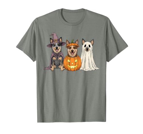 Funny Retro Australian Cattle Dog Halloween Witch Spooky Ghost Blue Heeler Pumpkin Halloween Dog Lover T-Shirt - size chart