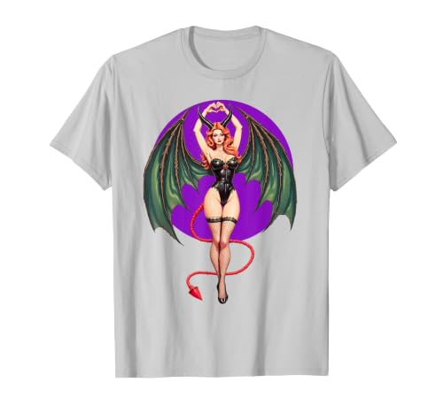 Classic Vintage Pin-Up Sexy Girl by YUX Sexy Succubus Monster Halloween Hand Heart Pin-Up Girl Devil T-Shirt - size chart