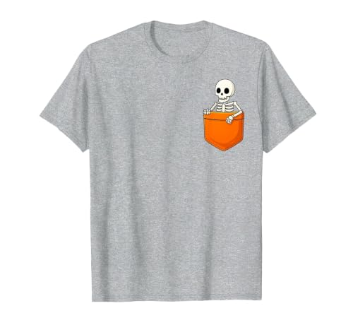 Halloween Spooky Funny Design Skeleton in Pocket Halloween Spooky Funny Skull Costume T-Shirt - size chart