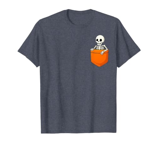 Halloween Spooky Funny Design Skeleton in Pocket Halloween Spooky Funny Skull Costume T-Shirt - size chart