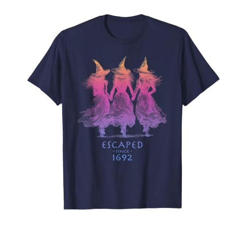 Escaped Since 1692 Halloween Escaped Since 1692 Funny Witch Halloween Design T-Shirt - size chart