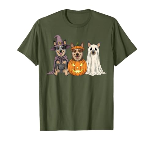 Funny Retro Australian Cattle Dog Halloween Witch Spooky Ghost Blue Heeler Pumpkin Halloween Dog Lover T-Shirt - size chart