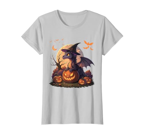Halloween Dragons Fantasy Spooky Witchy Cute Halloween Dragon Witch Hat Pumpkin Moon Fantasy T-Shirt - size chart