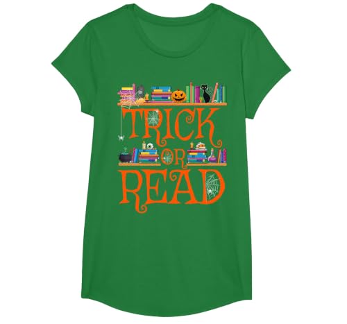 Trick or Read Funny Halloween Teacher Book Library Reading T-Shirt - size chart