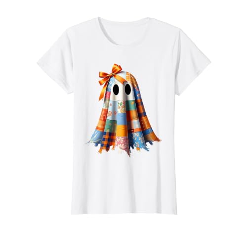 Patchwork Quilt Ghost Halloween Quilter Autumn Tee Patchwork Ghost Quilt Halloween Quilter Fall Autumn Bow Cute T-Shirt -