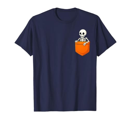 Halloween Spooky Funny Design Skeleton in Pocket Halloween Spooky Funny Skull Costume T-Shirt - size chart