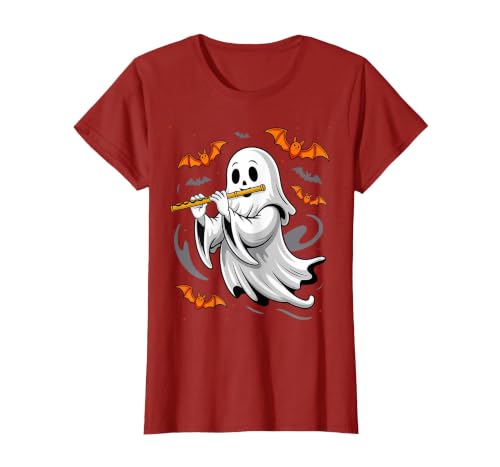 Ghost Halloween Lover Gift Co. Boo Ghost Playing Flute Halloween Musical Instrument T-Shirt - size chart