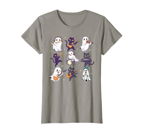Halloween Music Teacher Ghost Music Lover Cute Ghost Cat Playing Musical Halloween Music Teacher T-Shirt - size chart