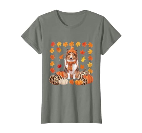 Shetland Sheepdog Sheltie Shop Sheltie Shetland Sheepdog Pumpkins Fall Leaves Halloween T-Shirt - size chart