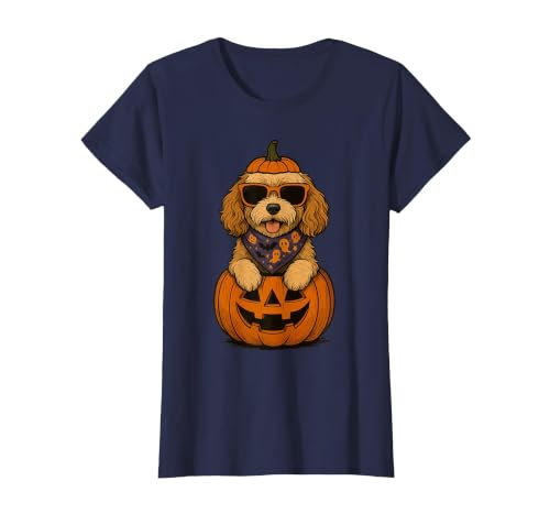 Funny Retro Maltipoo mom Halloween Spooky Cavapoo Pumpkin Halloween Doodle Dog Lover T-Shirt - size chart