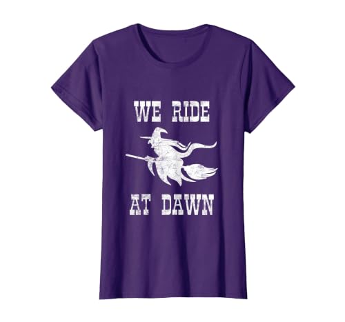 Halloween Witch Broomstick Costume Shop We Ride At Dawn Spooky Witch Broomstick Halloween Costume T-Shirt - size chart