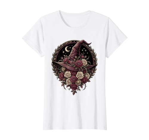 Mademark Witch Hat Black Roses Halloween Women's Design T-Shirt - size chart