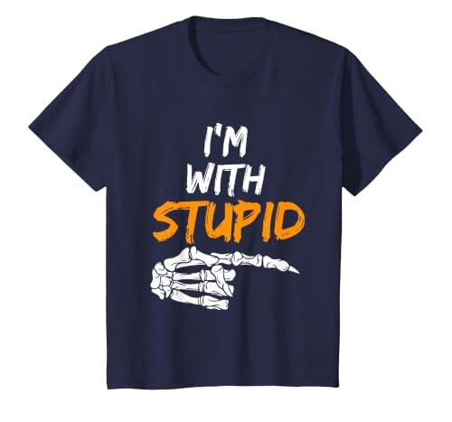 I'm With Stupid Shirts I'm with Stupid Skeleton Hand Pointing Right Funny Halloween T-Shirt - size chart