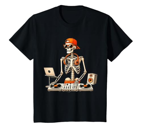 Funny Skeleton DJ Halloween Men Outfit Skeleton DJ Halloween Costume Turntable Music Funny Men Boys T-Shirt - size chart