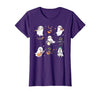 Halloween Music Teacher Ghost Music Lover Cute Ghost Cat Playing Musical Halloween Music Teacher T-Shirt - size chart