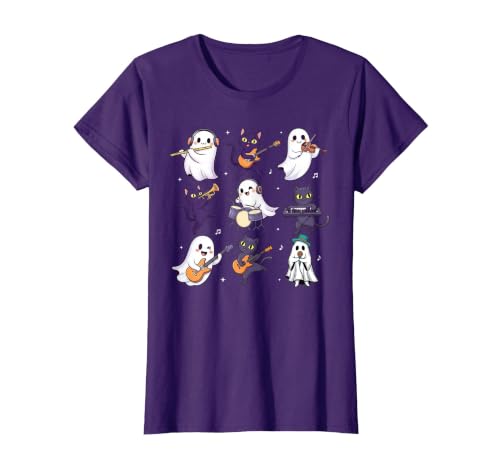 Halloween Music Teacher Ghost Music Lover Cute Ghost Cat Playing Musical Halloween Music Teacher T-Shirt - size chart