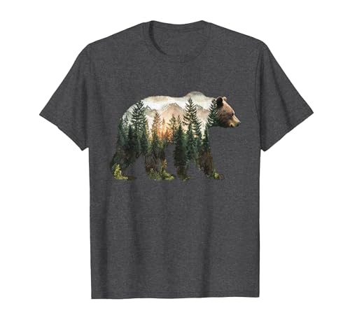 Bear Designs. Bear Forest Mountains Trees Nature Sunset Outdoor Graphic T-Shirt - size chart