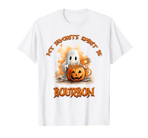 Boo Watercolor Pumpkin Cup Light Witch Hat Bottle Bourbon My Favorite Spirit is Bourbon Happy Halloween Boo T-Shirt - size