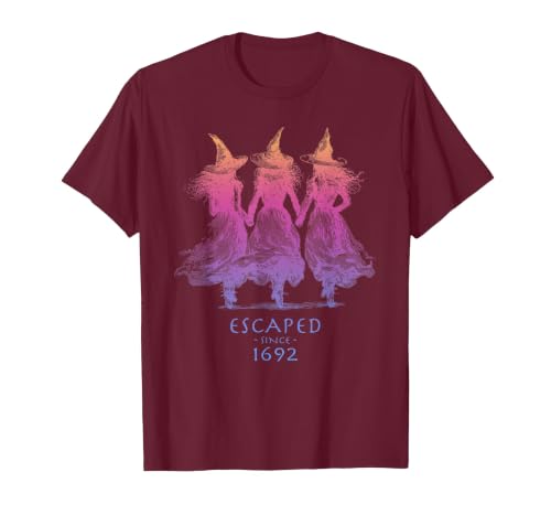 Escaped Since 1692 Halloween Escaped Since 1692 Funny Witch Halloween Design T-Shirt - size chart