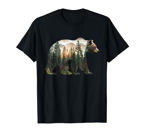 Bear Designs. Bear Forest Mountains Trees Nature Sunset Outdoor Graphic T-Shirt - size chart