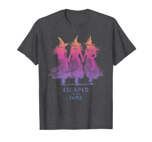 Escaped Since 1692 Halloween Escaped Since 1692 Funny Witch Halloween Design T-Shirt - size chart